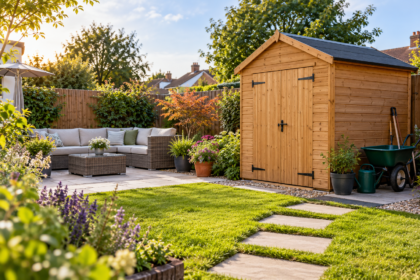 Wooden garden storage shed beside an outdoor seating area