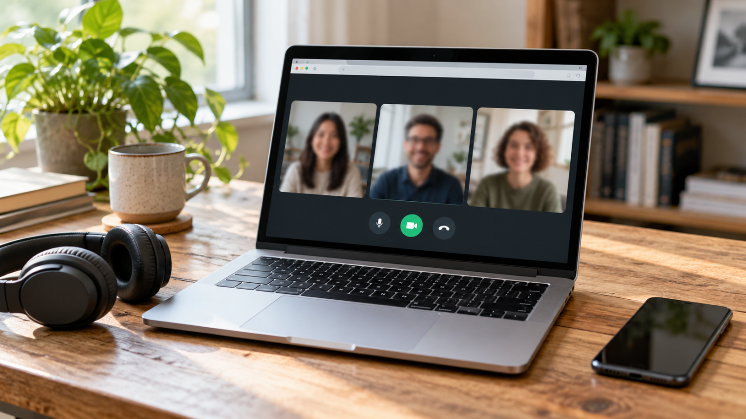 Laptop showing a generic group video call, with a headset and smartphone on a desk.