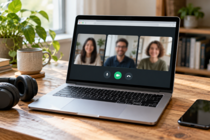 Laptop showing a generic group video call, with a headset and smartphone on a desk.