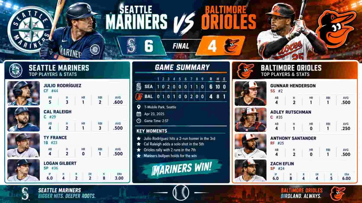 seattle mariners vs baltimore orioles match player stats